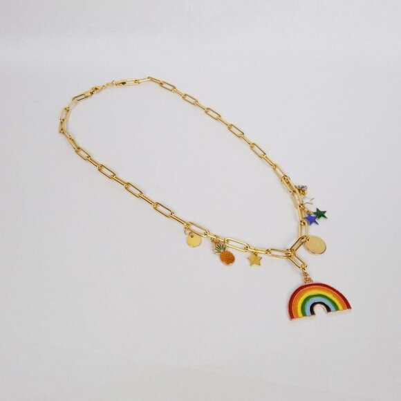 new! charm necklace paperclip link chain with enamel charms rainbow stars - Picture 5 of 5